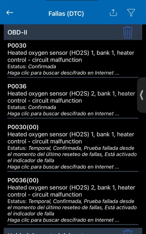 Lista de códigos de falla con su descripción y estatus en la app