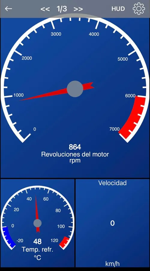 Tablero de la app con revoluciones y temperatura del motor en vivo